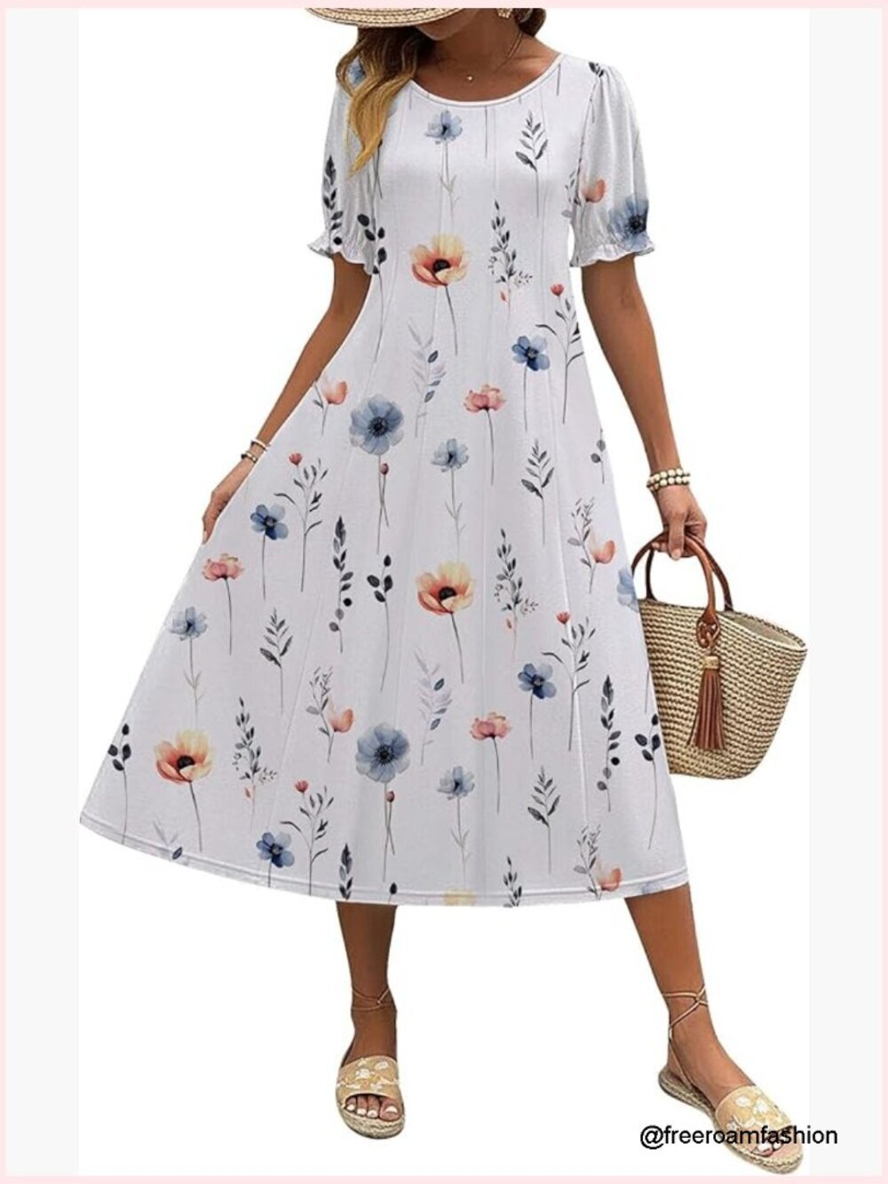 Summer Midi Dress with Puff Sleeves and Pockets, Flowy Pleated Sundress